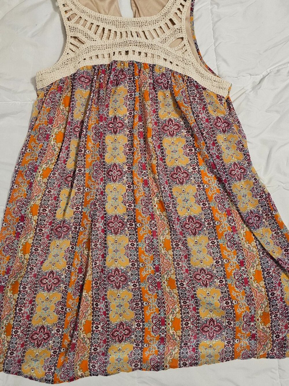 Speechless Boho Crochet Yoke Sleeveless Print Dress